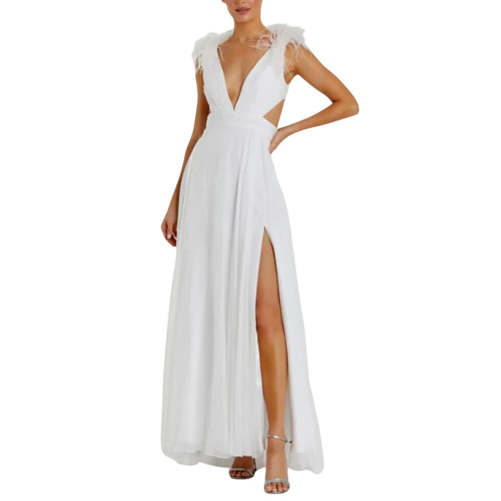 Mac Duggal 68113 White Evening Gown Feather Trim Backless A-Line Dress Size 14